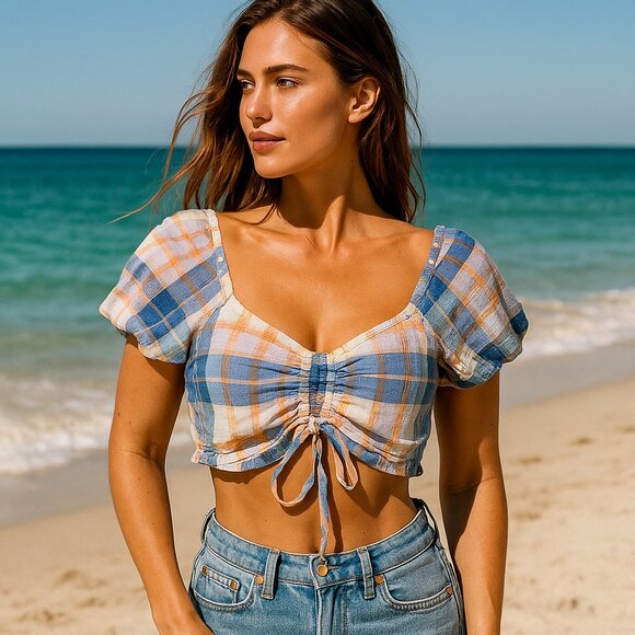 Cotton On Plaid Smocked Puff Sleeve Crop Top – Blue Peach Cream – Size M - Picture 1 of 12
